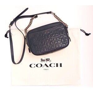 Coach Blue Leather Camera Bag Crossbody C Logo Embossed Silver Chain w Dustbag